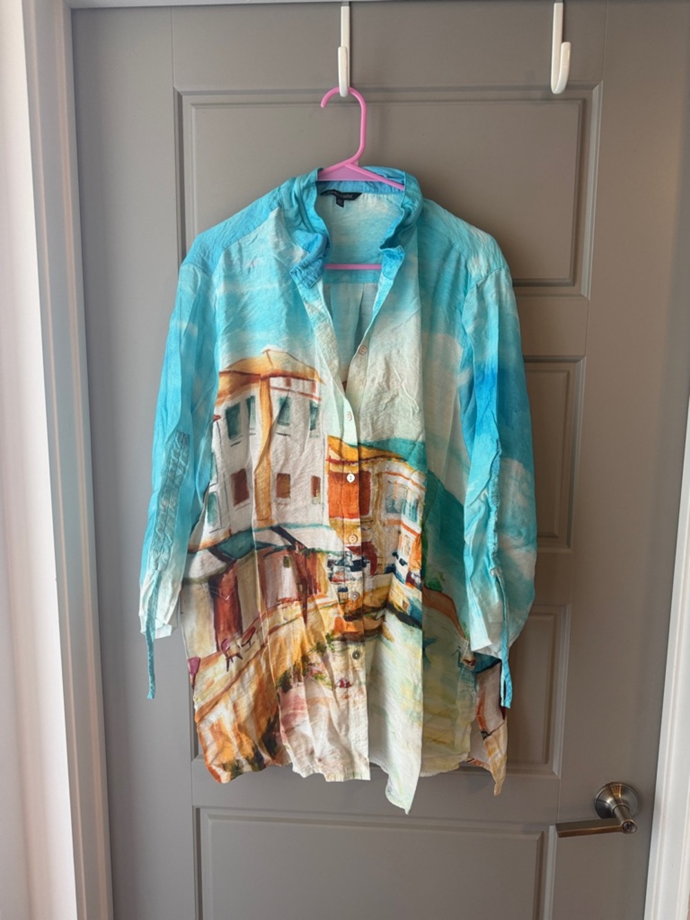 Abstract Coastal Print Button-Down Tunic - Turquoise Multi
